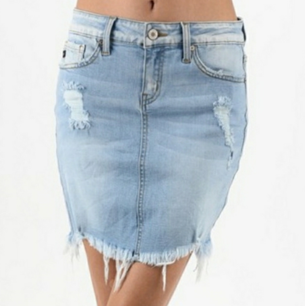 KANCAN Distressed Raw Hem Denim Skirt - Picture 1 of 5